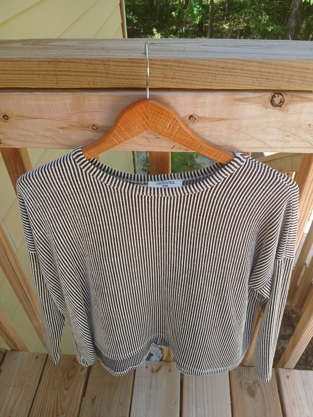 Zenana Outfitters Black and White Thin-Striped Crewneck Sweater